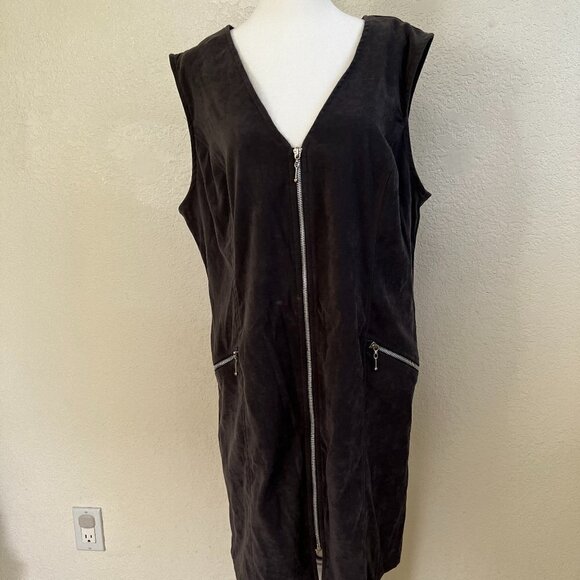 Gray Sleevless Suede microfiber Dress size 14 Full Front Zip - Picture 1 of 7